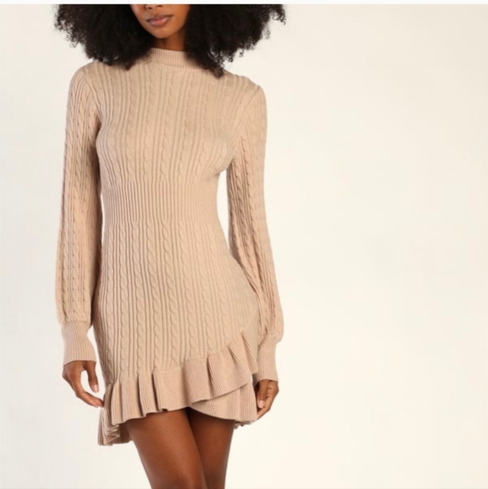 FLAT WHITE ANTHROPOLOGIE TAN SWEATER DRESS LONG SLEEVE RUFFLE HEM WOMEN M WINTER
